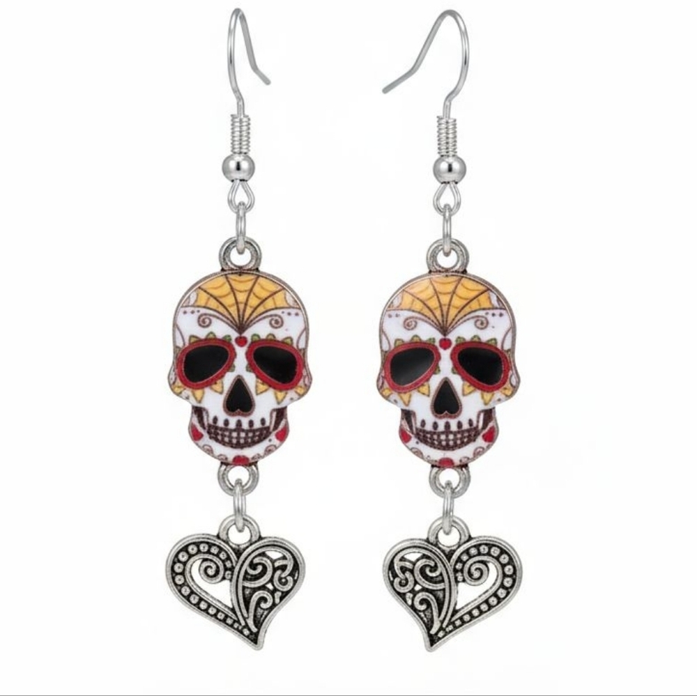 NWT Adorable Stainless Steel Sugar Skull Halloween Dangling Earrings!!